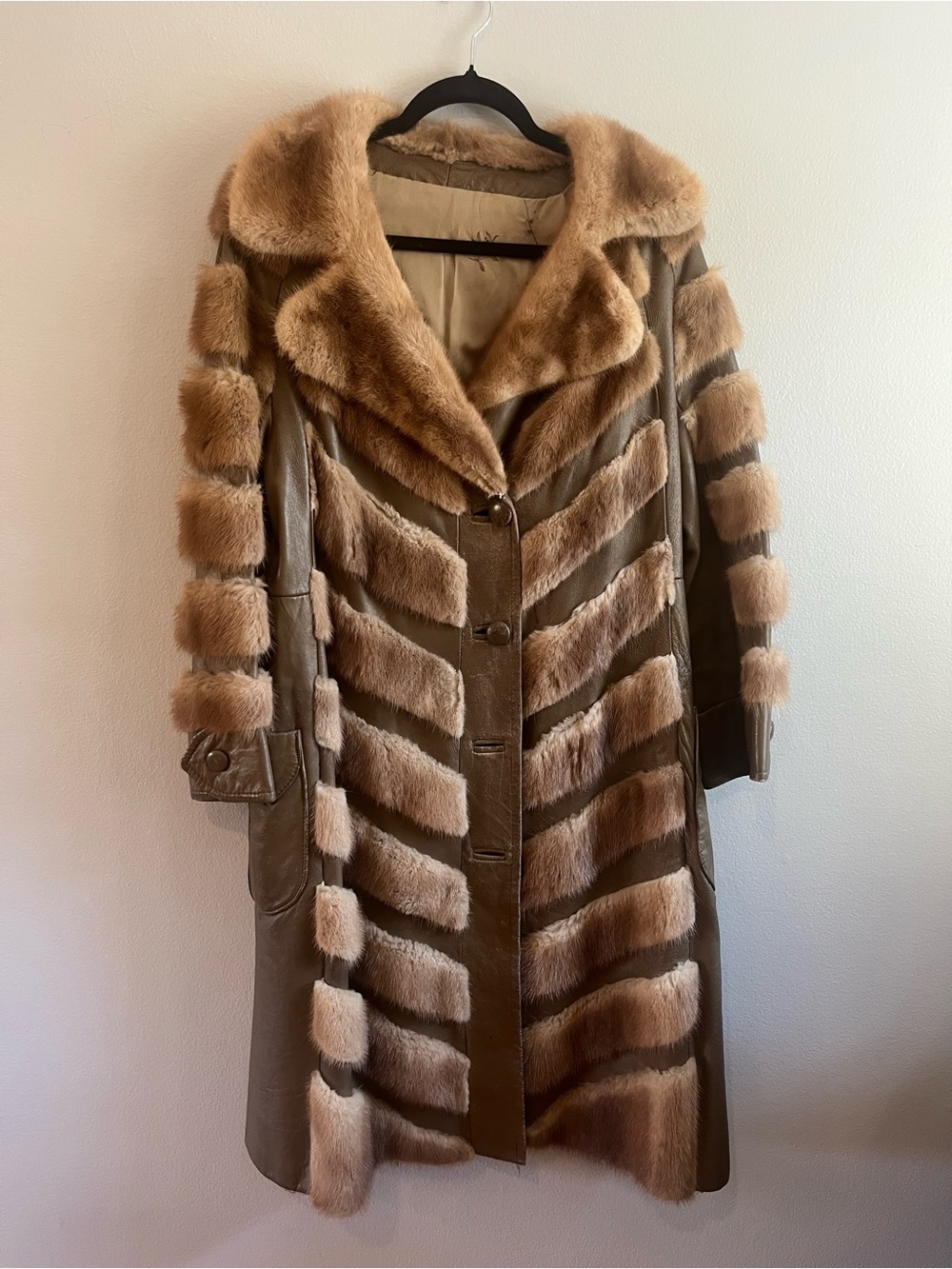 Vintage Brown Leather Fur Trim Chevron Long Coat Statement Jacket
